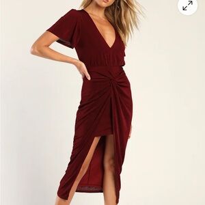 Lulu's Dash of Charm Burgundy Short Sleeve Twisted Front Midi Dress